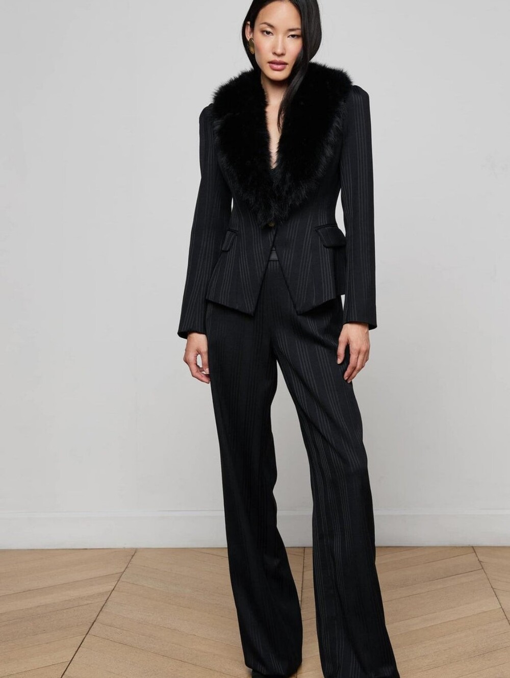 L'Agence Kaisley Faux Fur Collar Blazer Black Shadow Stripe - Picture 4 of 9